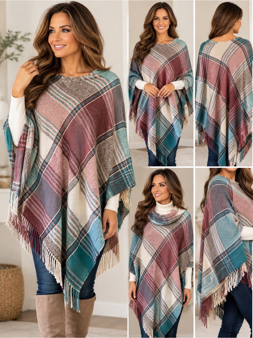 CATO Plaid Fringe Poncho Cape Wrap Teal Mauve One Size NEW